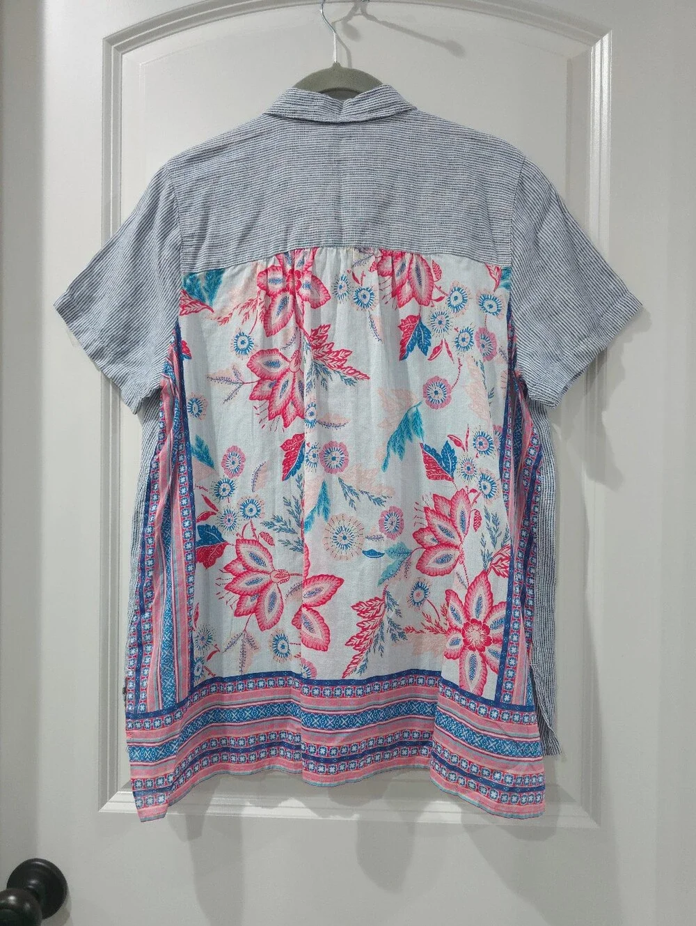 J.Jill Coastal Linen Striped Button Front Shirt with Printed Back Detail